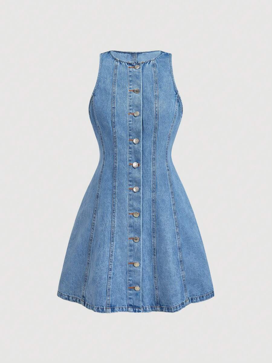 Sweetra Đầm denim nữ không tay, cài cúc đơn, kiểu dáng thường ngày, thích hợp cho những buổi đi chơi và nghỉ hè. - Màu xanh lam - Xem 1