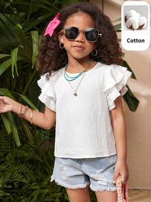 SHEIN Young Girl Woven Solid Color Round Neck Ruffle Casual Blouse - White - View 3