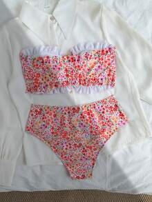 Swim Vcay Women's Summer Beach Vacation New Cute Strapless Floral Ruffled Ditsy Floral Bikini Set Set With Delicate Pearl Pendant And Drawstring Tie - Multicolor - View 2