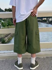 Manfinity Roghcode Men's Solid Color Cargo Pocket Loose Wide Leg Capri Pants - Army Green - View 2