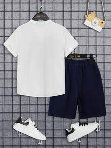 SHEIN Tween Boy Letter Graphic Colorblock Shirt & Shorts - Blue and White - View 2