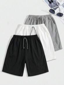 SHEIN 3入組鬆身編織熊圖案短褲適用於十幾歲男孩,夏季 - 彩色 - 查看 3