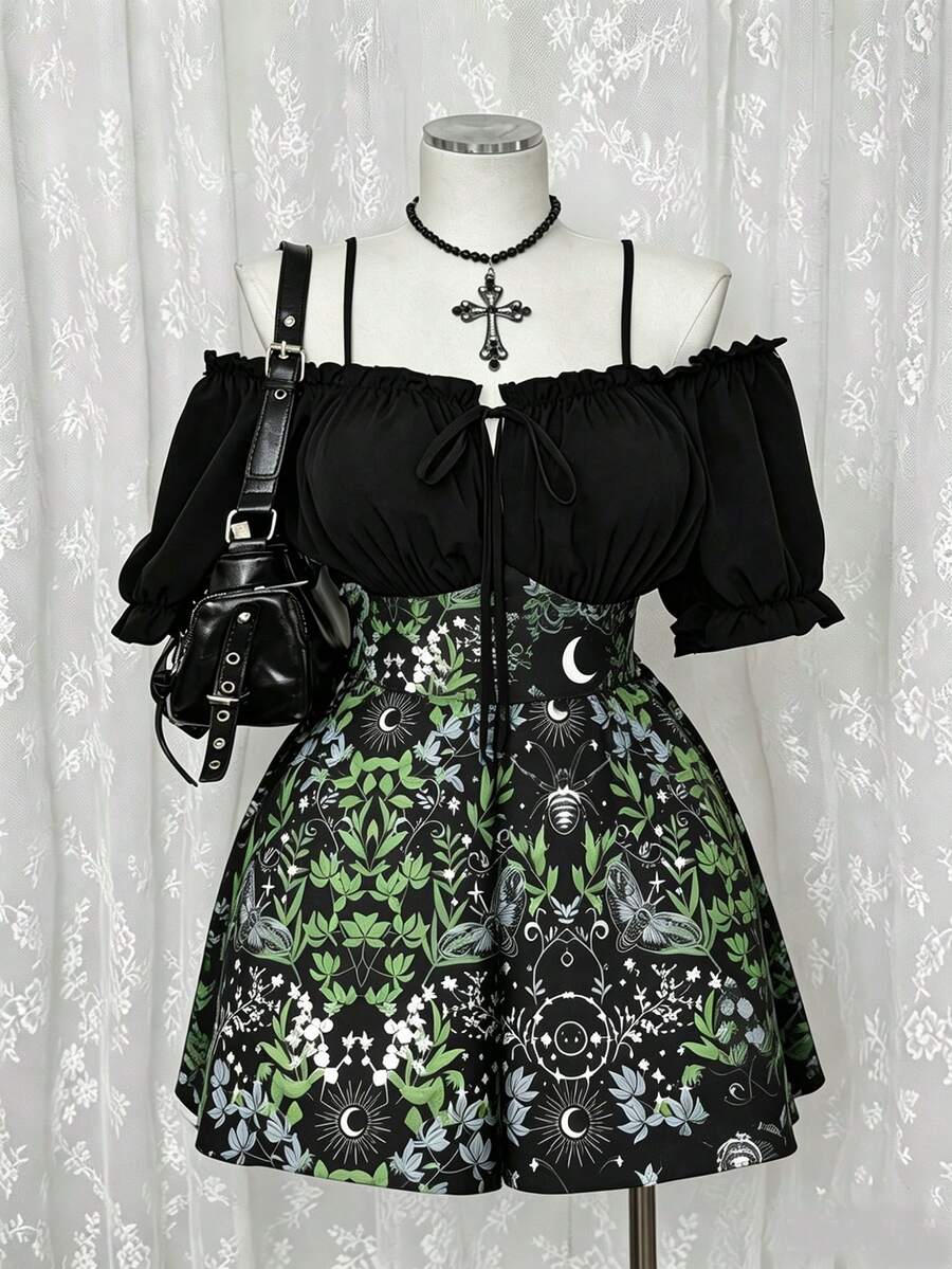 Sunspun Plus Size Contrast Color Off-Shoulder Midi Dress, Dark Aesthetic - Black - View 1
