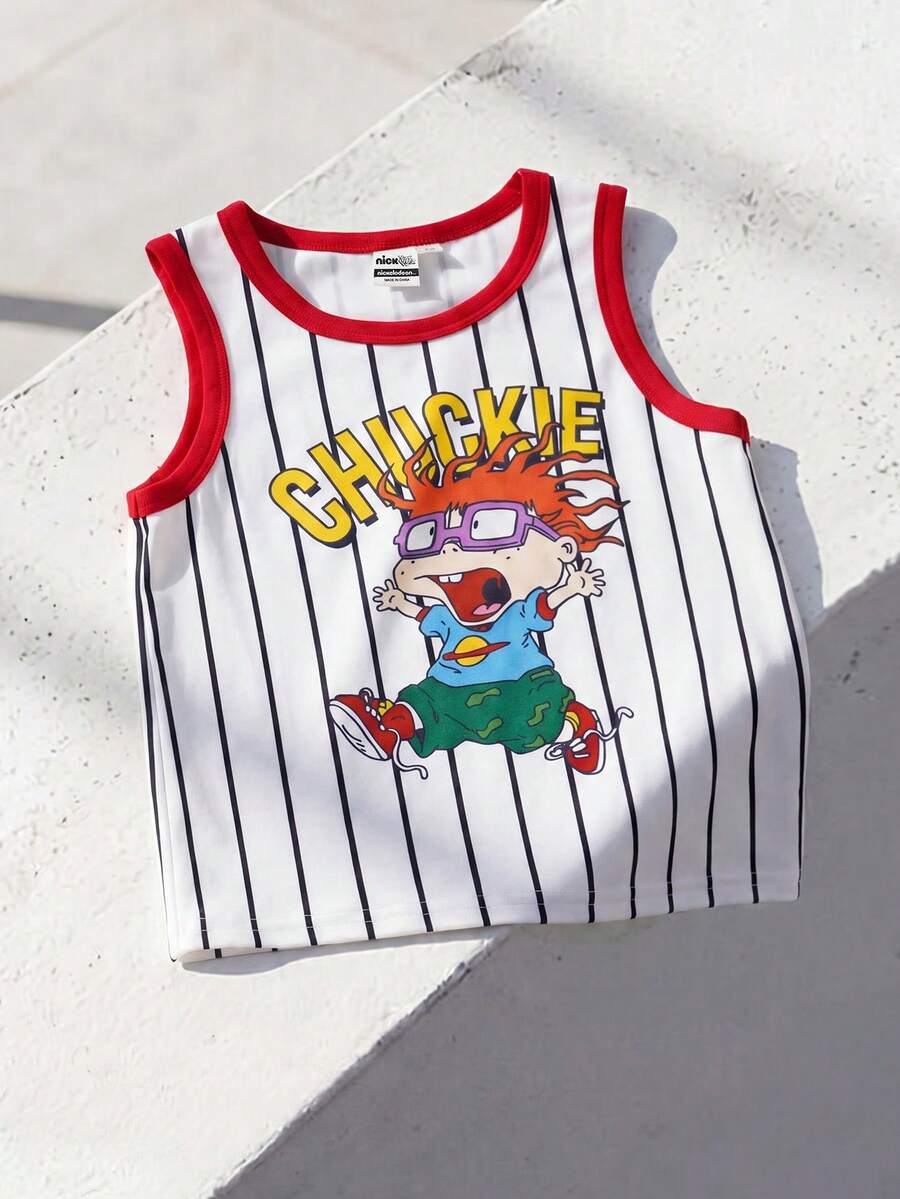 Nick 90s | SHEIN Young Boy Summer Casual Sports Daily Commute Cartoon Character Letter Striped Print Trim Tank Top - White - View 1
