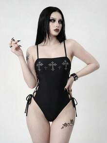 ROMWE Goth Áo tắm liền thân nữ với thiết kế hình chữ thập đính đá. - màu đen - Xem 1