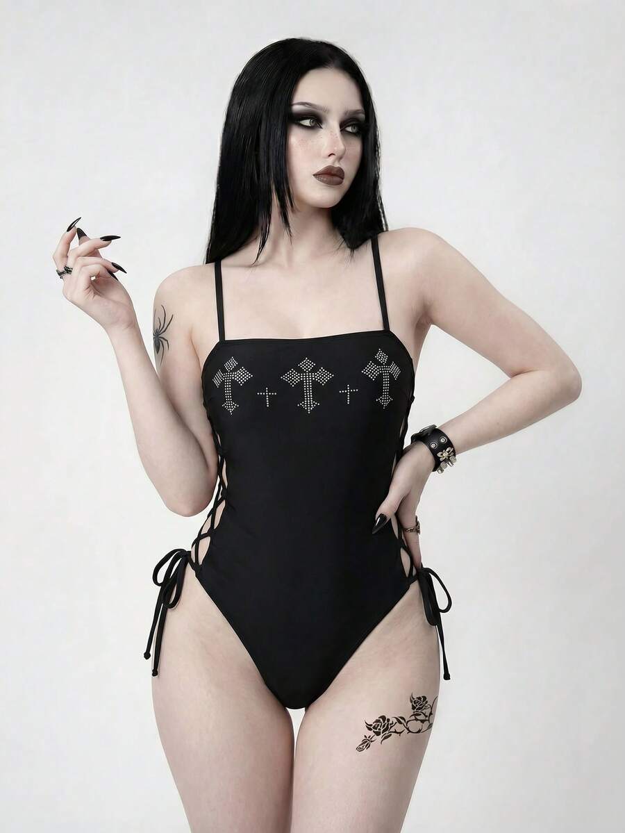 ROMWE Goth Áo tắm liền thân nữ với thiết kế hình chữ thập đính đá. - màu đen - Xem 1