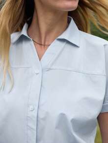 SHEIN In My Nature 纯色短袖前开襟休闲夏季户外衬衫 - 淺藍色 - 查看 5