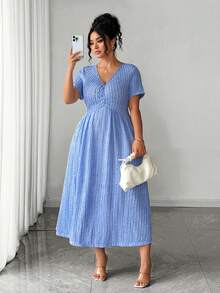 Elenzga Plus Size Elegant Casual V-Neck Ruched Design Short Sleeve Jacquard Knit Dress For Women - Blue - View 4