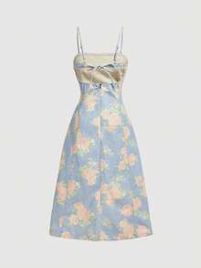 GlowEve CURVE Women's Floral Print Denim Cami Dress Party Light Blue Autumn Cottagecore Casual - Blue - View 2