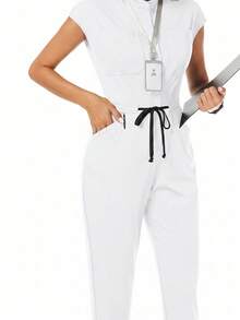 TaskEZ Solid Color Mandarin Collar Short Sleeve Tie-Front Scrub Uniform Jumpsuit - White - View 6