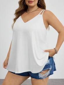SHEIN CURVE+ Áo tank top cổ chữ V đơn giản, thoải mái dành cho phụ nữ cỡ lớn, phù hợp cho mùa hè, áo tank top trắng cổ chữ V, áo tank top đi học. - trắng - Xem 6