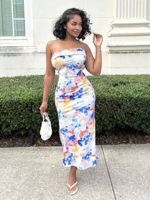 Alexandranx Vestido largo de verano con estampado floral, espalda descubierta y drapeado, estilo tubo, para vacaciones de primavera, vestidos de verano elegantes para fiestas de mujeres - Multicolor - Ver 5