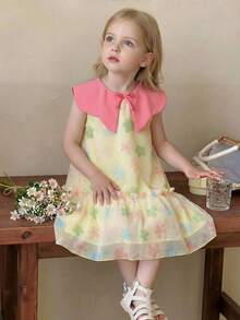 Robe trapèze à col rose avec imprimé floral et design de nœud pour jeunes filles - Multicolore - Voir 1