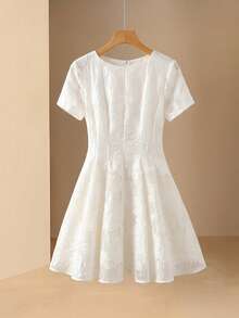 BELROSIE Elegant Cutout Rose Floral Wavy Hem Fitted Short Sleeve Dress For Women Party White Summer - Apricot - View 2