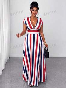 Maweii Plus Size Summer Fashion Color Block Striped Dress - Multicolor - View 1