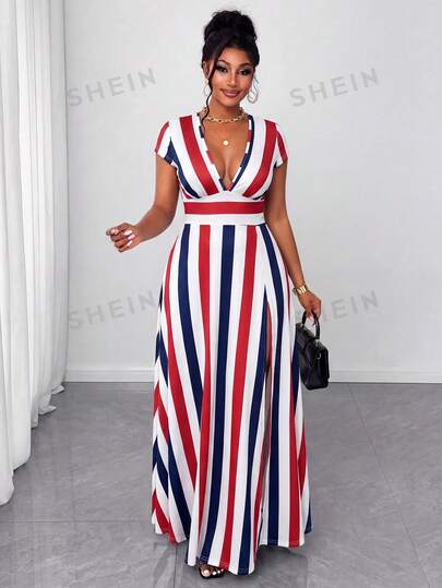 Maweii Plus Size Summer Fashion Color Block Striped Dress