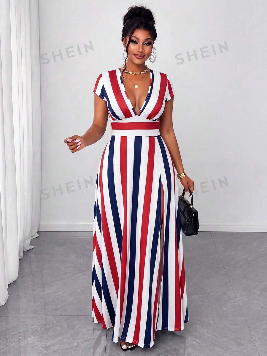 Maweii Plus Size Summer Fashion Color Block Striped Dress - Multicolor - View 1