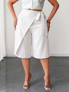 Maweii Pantalones cortos con cordón de unicolor para mujer de talla grande - Blanco - Ver 2