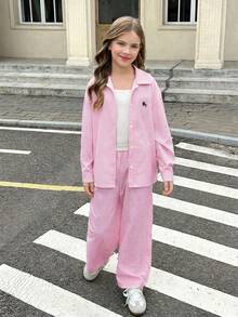 SHEIN 少女休闲街头条纹刺绣logo宽松落肩上衣和阔腿裤套装，适合春夏、春季郊游、休闲外出、返校季穿着 - 粉色 - 查看 6