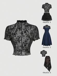 SHEIN MOD Áo thun ngắn tay cổ cao in họa tiết nhung - màu đen - Xem 2