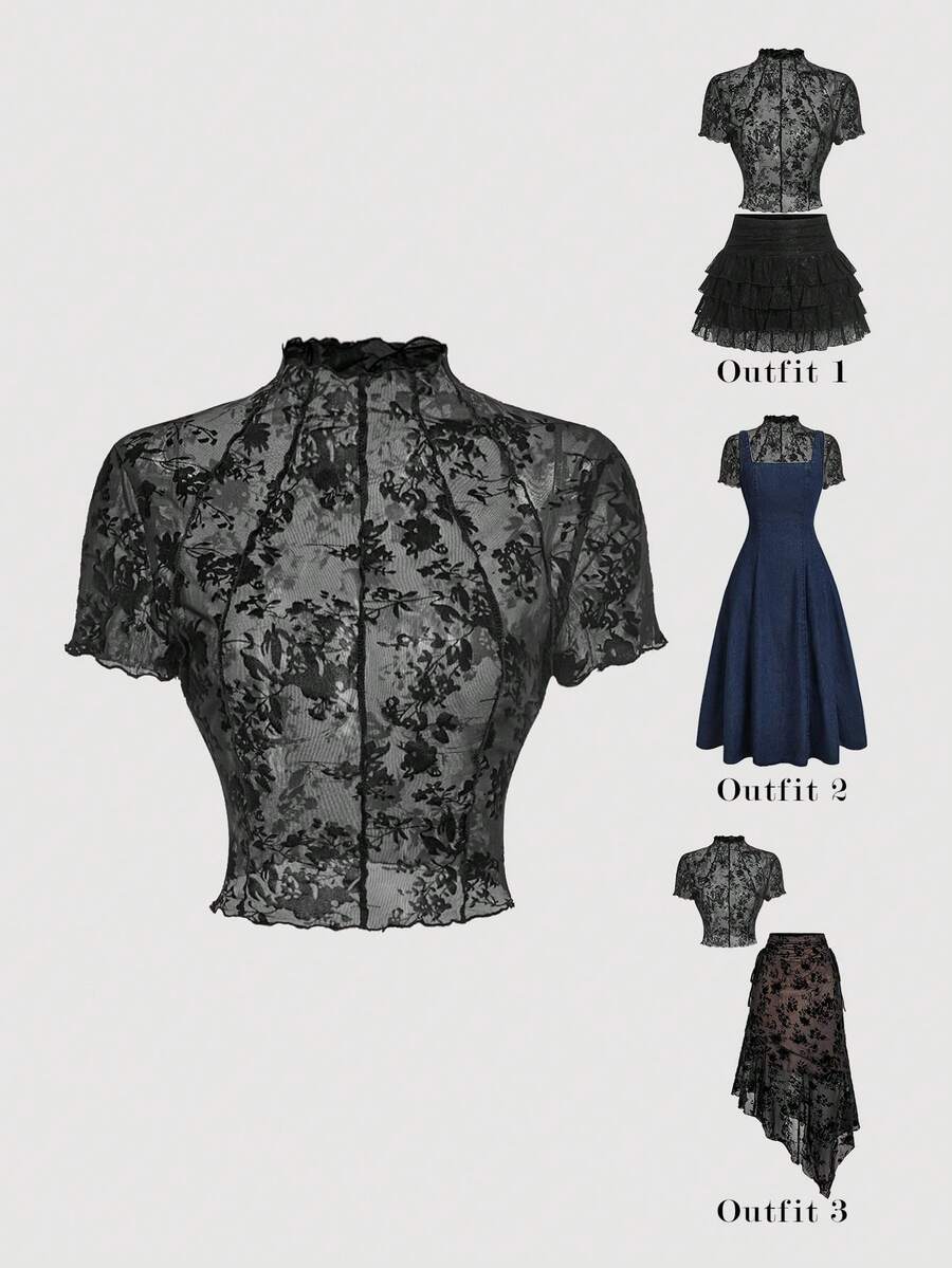 SHEIN MOD 植绒高领短袖T恤 - 黑色 - 查看 1