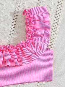 SHEIN Tween Girls Bikini Sets, Green & White Striped Cute Ruffled Asymmetric Shoulder Adjustable Strap Ruffled Hem Triangle Swimwear 2-Piece Swimwear Set - Hot Pink - View 3