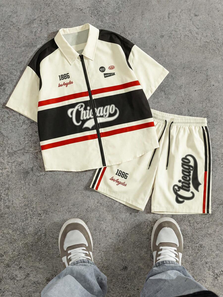 Manfinity Roghcode PAVTROS Manfinity Streetrush Men's Contrast Color Letter Print Zip-Up Shirt And Drawstring Shorts 2 Pieces Set - Beige - View 1