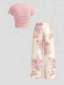 Conjunto de camiseta ajustada con volantes y pantalones de pierna ancha con estampado floral, casual para niña preadolescente en primavera/verano para vacaciones y uso diario - Blanco - Ver 4