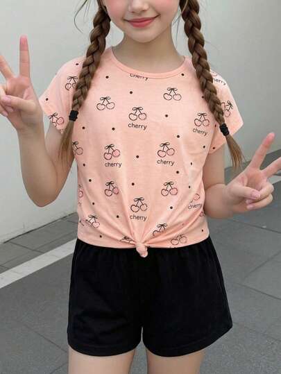 Set de 2 piezas de camiseta de manga corta y pantalones cortos casuales y sencillos. Estilo vintage para niñas y preadolescentes para el verano