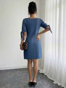 Elenzga Women's Elegant Hollow-Out Tie-Up Denim Dress, Summer - Medium Wash - View 2