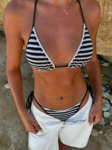 Bonvoyette Nuevo conjunto de bikini de verano de 2 piezas para mujer, de estilo elegante y vintage, con tela a rayas en blanco y negro, textura, adornos de encaje lujosos, tirantes ajustables, adecuado para vacaciones en la playa, fiestas en la piscina, festivales de música y resorts tropicales - Blanco y Negro - Ver 1