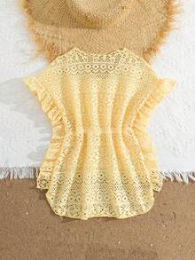 Kleine Mädchen Geometrisches Spitze Cut-Out-Muster V-Ausschnitt Ärmellos Kleid mit Rüschensaum, Geometrisches Spitze Strukturstoff, Rundhalsausschnitt, Ärmellos mit Rüschensaum, Taillierter Rock, süßer Urlaubsstil, geeignet für Strandurlaub, Eltern-Kind Strandfotos, Sommer - Gelb - Übersicht 2