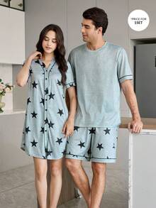 CoupledUp Conjunto de Pijama Masculino Casual com Estampa de Estrela, Manga Curta Solta e Shorts - Cinza - Visão 3