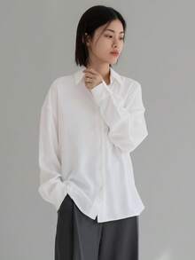 Dazy-Less 女士纯色落肩长袖衬衫，长袖上衣商务休闲女装，秋季服装 - 白色 - 查看 9