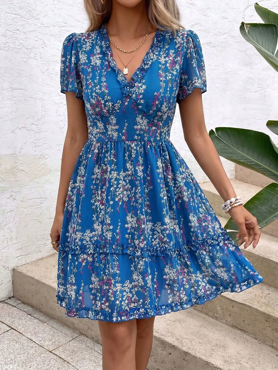 SHEIN Holidaya Đầm họa tiết hoa nhí viền bèo tây, trang phục đi biển nghỉ mát cho nữ. - Màu xanh lam - Xem 1