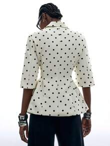 LYSMO Áo khoác blazer nữ họa tiết chấm bi kiểu dáng thường ngày - Đen và trắng - Xem 2
