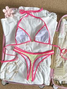 Swim Mod Bộ bikini nữ in họa tiết, kiểu cổ yếm, đính đá kim loại, thích hợp cho mùa xuân/hè. - Nhiều màu - Xem 3