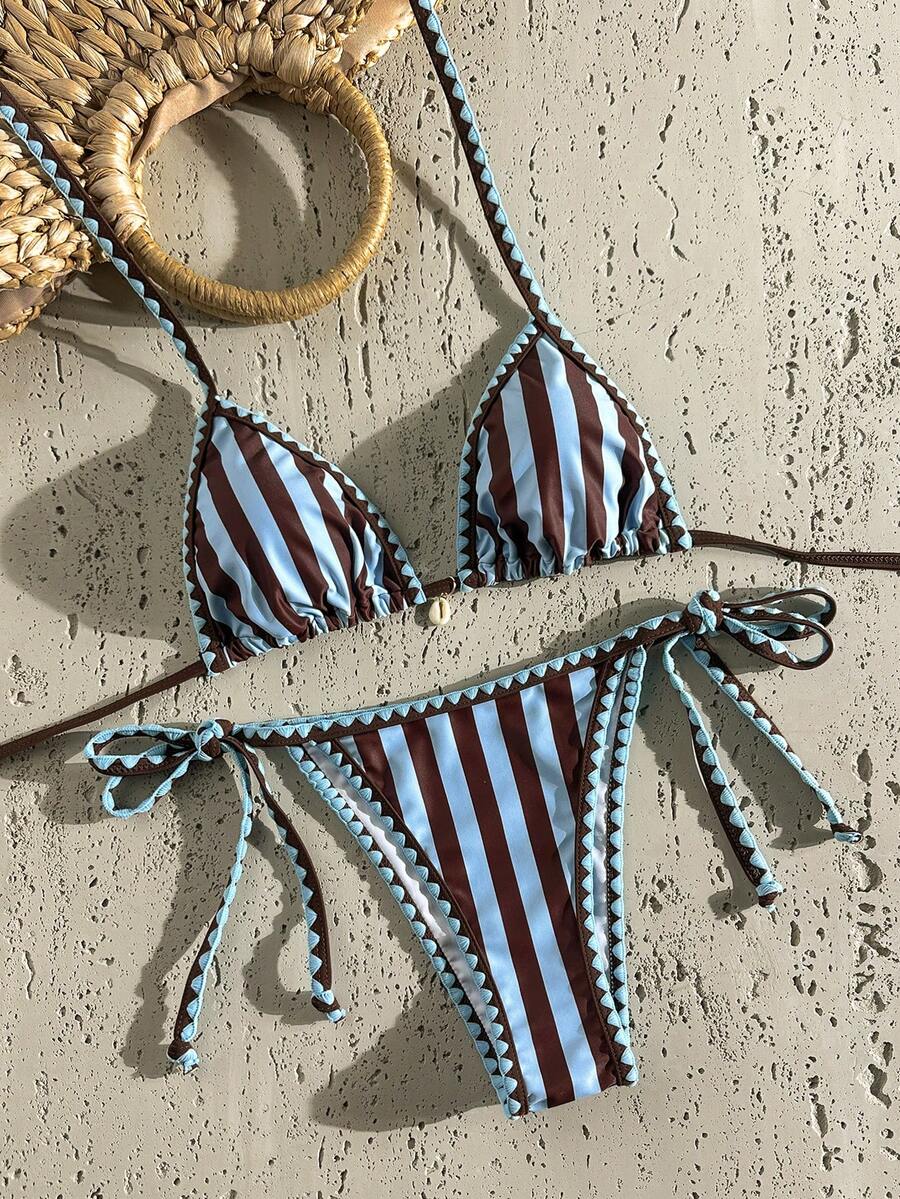 Swim Mod 女士纯色提花面料荷叶边系带两件式比基尼套装,夏季 - 彩色 - 查看 1