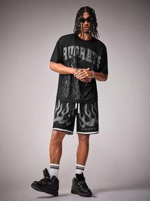 Nick 90s | SHEIN Men's Cartoon Dinosaur Print Short Sleeve T-Shirt And Shorts Set, Nick 90s - Black - View 6