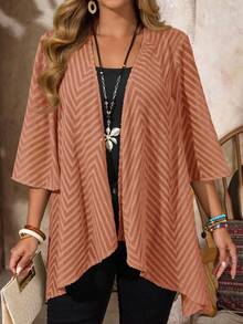 EMERY ROSE Plus Size Women Summer Vacation Open Front Cutout Loose Jacket - Rust Brown - View 3