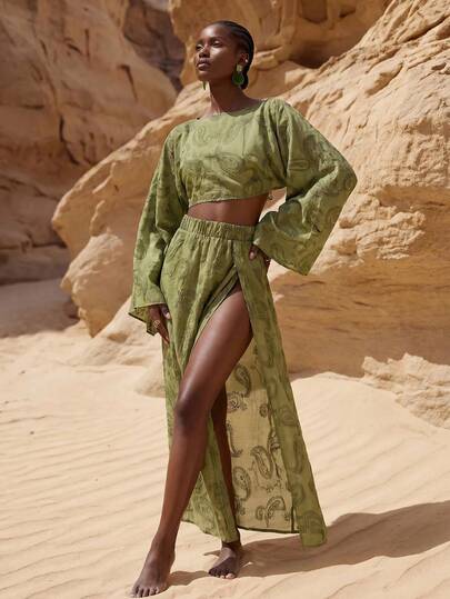 Zivah 2026 Elegant Embroidered Fabric Batwing Sleeve Top And High Slit Hem Skirt Set, Suitable For Vacation And Beach Wear Bathing Suits For Women Cover Ups For Swimwear