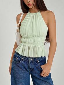 SHEIN PETITE Women's Pleated Halter Neckline Waist-Tied Backless Tank Top - Lime Green - View 7