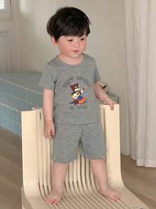 DAZY 2件套幼儿男童卡通印花圆领背心和裤子睡衣套装 - 灰色 - 查看 6