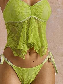 Bellisia 26SS Spring Summer Beach Party Vacation Lime Green Lace Floral Trim Cute Sweet Bow Bikini Set 2pcs Sexy - Green - View 4