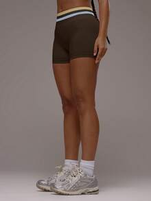 Musera Sport Contrast Waistband Scrunch Bum Active Booty Shorts Only Sport Workout Gym Pilates Fitness Daily Girly Casual Hot Sweat - Chocolate Brown - View 3