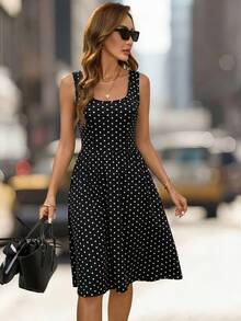 Editum Đầm ngắn không tay cổ tròn in chấm bi dành cho nữ, kiểu dáng thường ngày. - màu đen - Xem 4