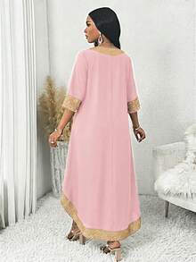 SHEIN Lady Conjunto de 2 piezas de top largo bordado y pantalones talla grande, color rosa loto - Rosa vieja - Ver 2