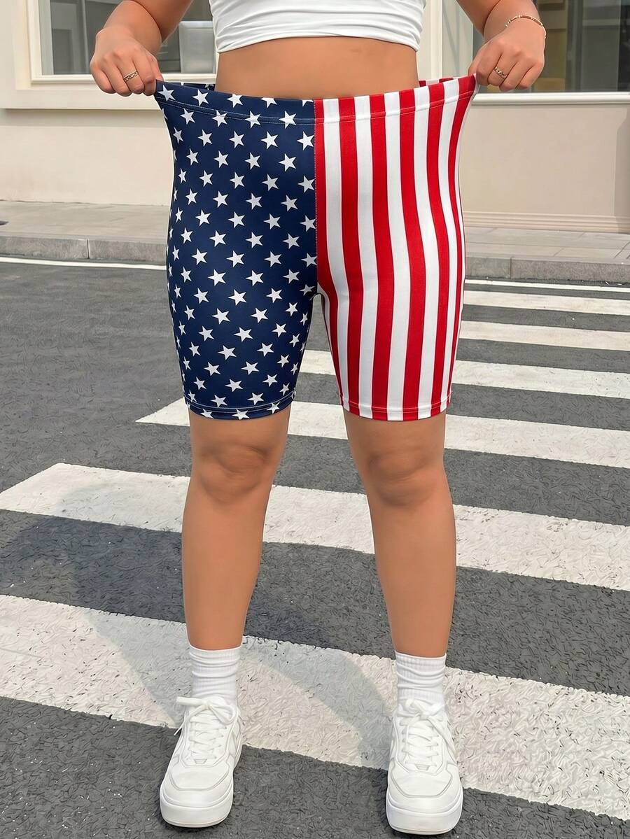 Muchica Plus Size Summer Fashion Elastic Striped & Star Print Skinny Shorts - Multicolor - View 1