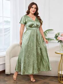 Reflora Đầm satin bóng màu xanh lá cây thanh lịch dành cho nữ cỡ lớn, tay bồng, cổ vuông, dài, xẻ tà bên. - Màu xanh Bạc hà - Xem 7