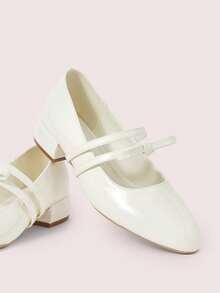 CUCCOO DOLLMOD Zapatos de mujer con punta redonda, de cuero patentado beige, con lazo y doble correa, tacón grueso, estilo Mary Jane, estilo universitario, lindo, dulce, tacones altos - Blanco roto - Ver 2